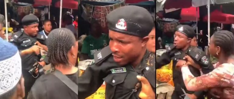 Wahala as market women at Watt Market in Calabar, Cross River arrested a fully uniform police officer who tipped wares as he goes after a Yahoo boy