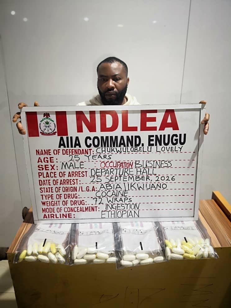 Featured image for NDLEA arrest man in Enugu and remove 72 wraps of Class A cocaine through his anus